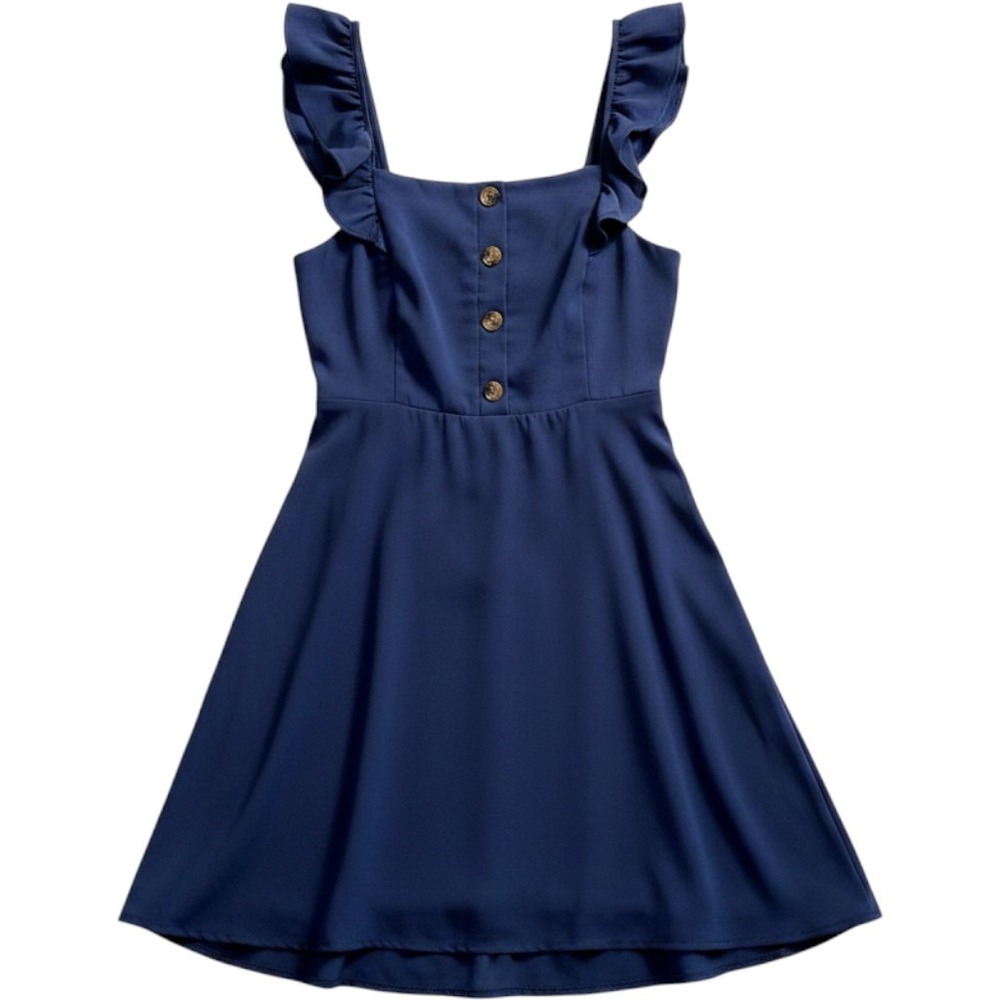 Bailey Blue Mini Dress Navy Blue Ruffle Strap Faux Button Fit Flare Womens M